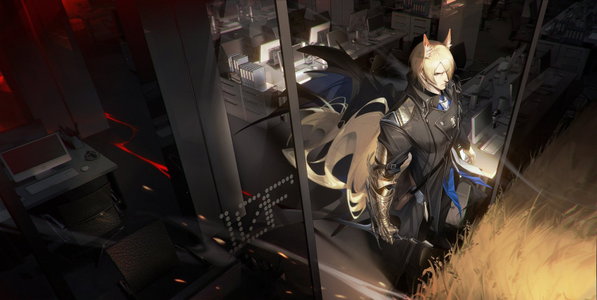 1boy animal_ears arknights baizelangtai_(hallyswift) bishounen black_coat blonde_hair blue_shirt coat computer formal from_above full_body gauntlets highres horse_boy horse_ears horse_tail male_focus mlynar_(arknights) necktie office shirt solo suit sword tail weapon wheat_field white_necktie