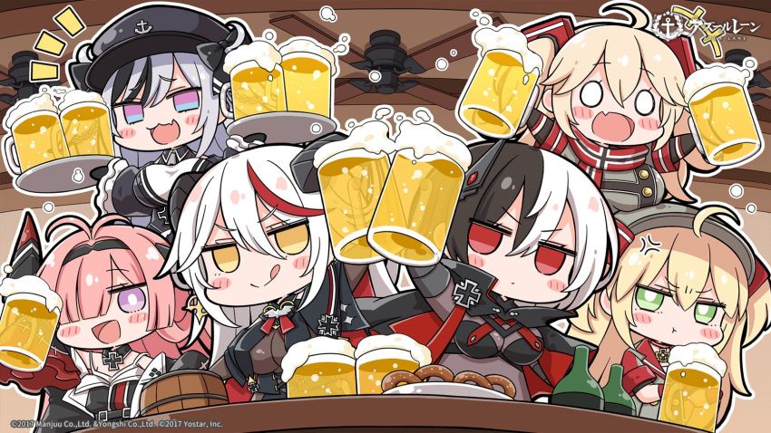 6+girls :q admiral_hipper_(azur_lane) aegir_(azur_lane) ahoge alcohol anger_vein antenna_hair armored_gloves azur_lane beer beer_mug black_capelet black_dress black_hair black_headwear blonde_hair bluecher_(azur_lane) bodystocking breast_curtains breast_rest breasts breasts_on_head brown_gloves bruenhilde_(azur_lane) capelet ceiling_fan chibi cross cup dress elbe_(azur_lane) fang food gloves gradient_eyes green_eyes grey_hair grey_jacket hair_between_eyes hair_over_one_eye hat highres holding holding_tray huge_horns indoors iron_cross jacket large_breasts long_hair mug multicolored_clothes multicolored_eyes multicolored_hair multicolored_jacket multicolored_scarf multiple_girls nejikirio official_art open_mouth peaked_cap pink_hair pretzel prinz_rupprecht_(azur_lane) red_eyes red_jacket red_scarf redhead scarf skin_fang split-color_hair streaked_hair tongue tongue_out tray two-tone_hair two-tone_jacket violet_eyes white_hair yellow_eyes