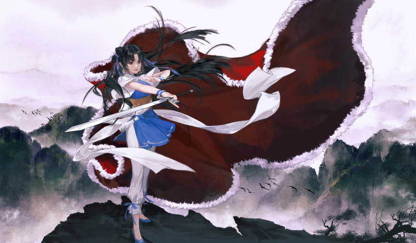 1girl absurdres artist_request bird black_hair blue_footwear cape closed_mouth facial_mark flying forehead_mark highres long_hair mountain pants pose red_cape reverse_grip sash second-party_source smile solo standing sword twintails weapon white_pants white_sky xian_jian_qi_xia_zhuan_(series) zhao_linger