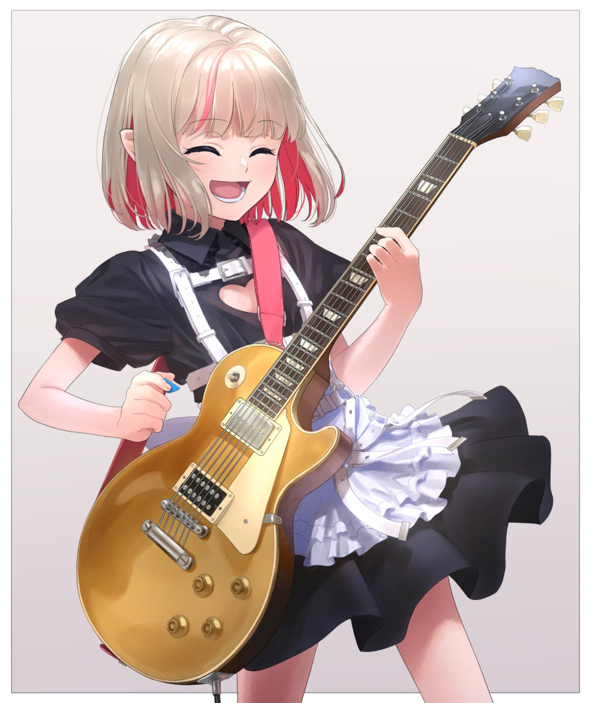 1girl black_dress black_skirt blonde_hair closed_eyes clothing_cutout dress electric_guitar guitar hair_ribbon happy heart_cutout highres instrument long_hair makaino_ririmu multicolored_hair music nijisanji open_mouth pink_hair playing_instrument pointy_ears ribbon sabamen skirt smile solo two-tone_hair virtual_youtuber