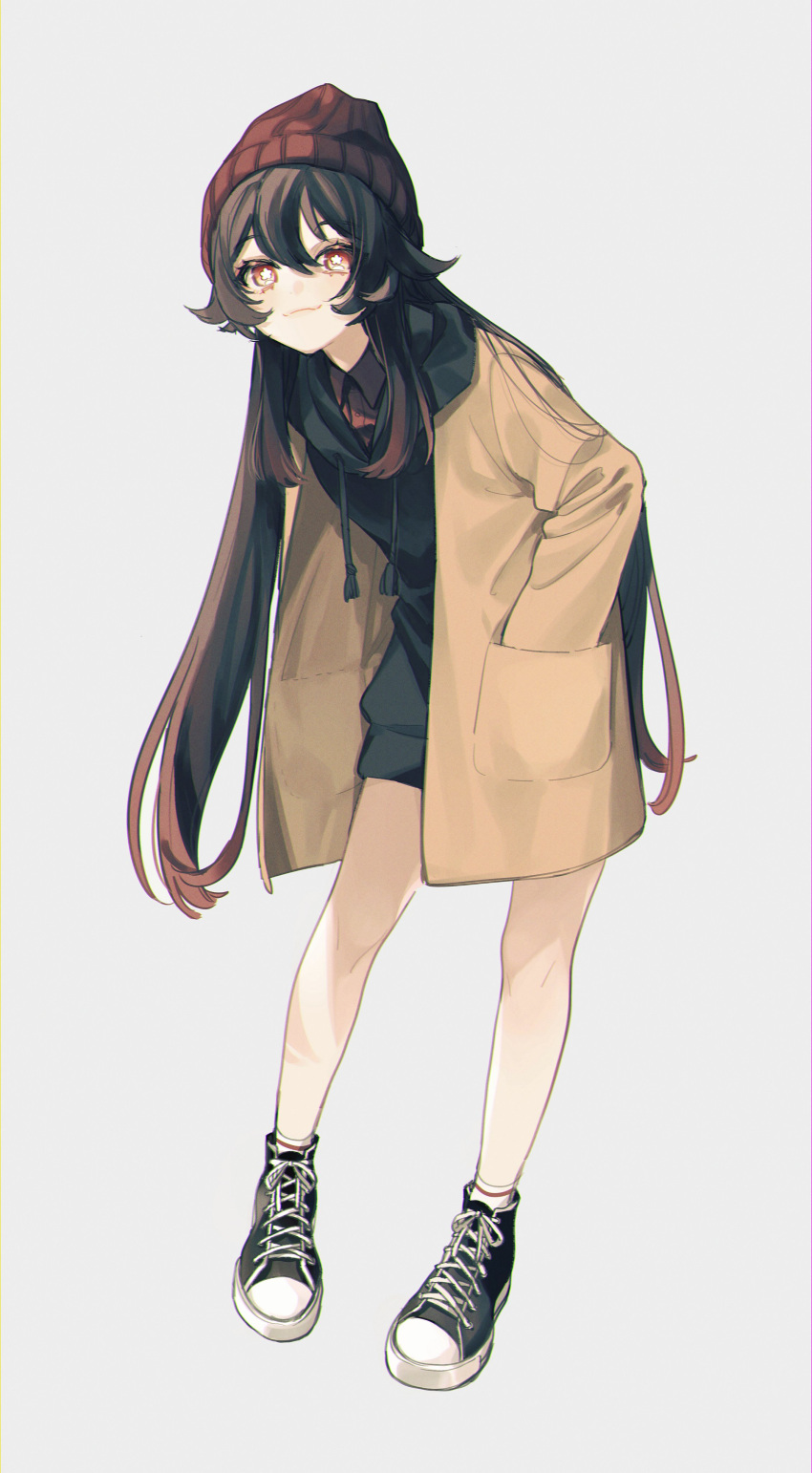 1girl :3 absurdres bangs beanie black_footwear black_hoodie brown_coat brown_hair closed_mouth coat contemporary drawstring full_body genshin_impact hair_flaps hands_in_pockets hat highres hood hood_down hoodie hu_tao_(genshin_impact) long_hair looking_at_viewer low_twintails oversized_clothes red_eyes red_headwear red_shirt shirt shoes sidelocks simple_background smile sneakers solo tamaya_yoi twintails very_long_hair white_background