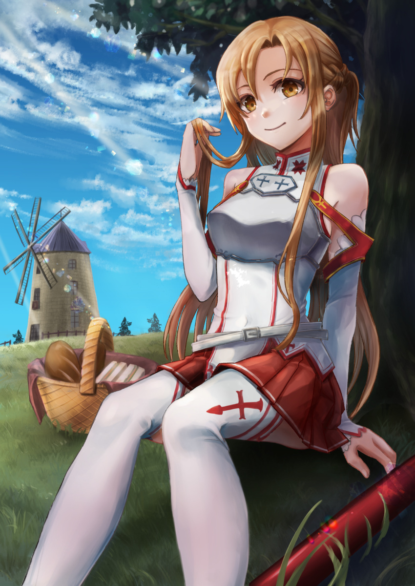 1girl armor asuna_(sao) asymmetrical_bangs bangs bare_shoulders basket blue_sky braid bread breastplate brown_eyes brown_hair closed_mouth clouds cross_print detached_sleeves dress food french_braid grass highres long_hair looking_at_viewer on_ground outdoors pino-ekaki playing_with_own_hair rapier red_skirt sandwich sheath sheathed sitting skirt sky sleeveless sleeveless_dress smile solo sword sword_art_online thigh-highs tree weapon white_dress white_sleeves white_thighhighs windmill