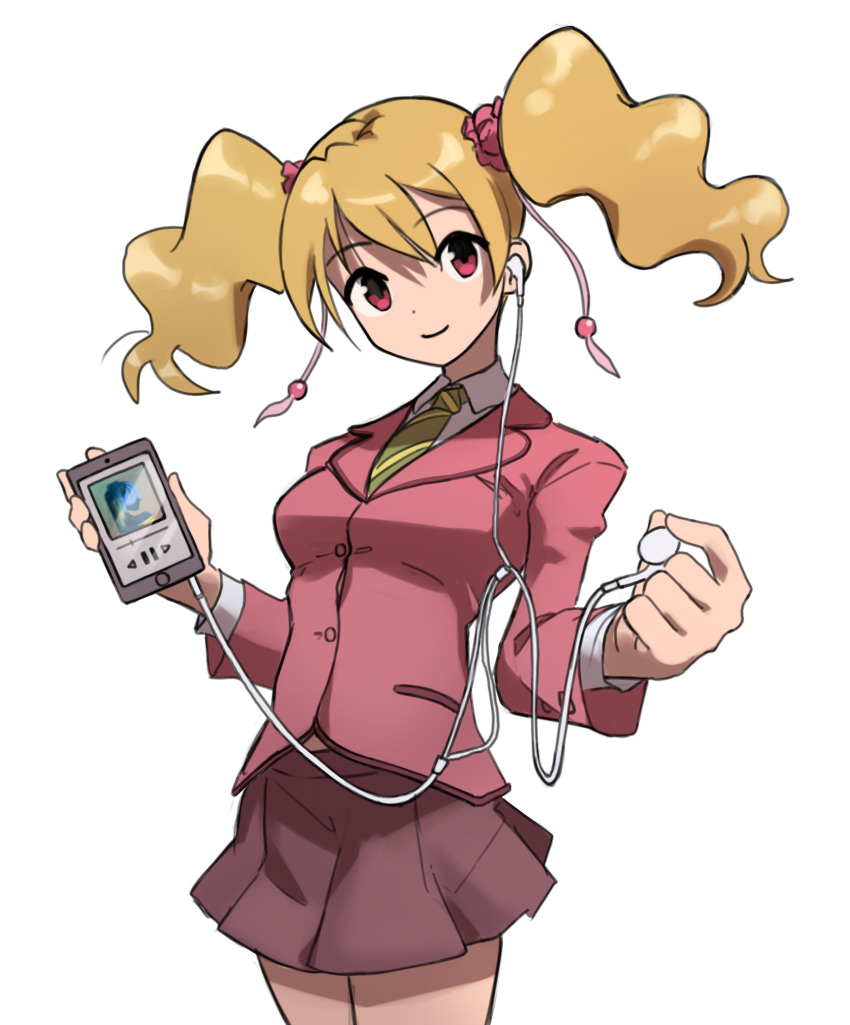 1girl blonde_hair cellphone closed_mouth cowboy_shot earplugs ffgghhjj fresh_precure! hair_ornament hair_scrunchie highres iphone jacket looking_at_viewer momozono_love necktie phone pink_jacket pink_scrunchie precure public_yotsuba_middle_school_uniform purple_skirt red_eyes school_uniform scrunchie short_hair short_twintails simple_background skirt smartphone smile solo standing striped_necktie twintails white_background