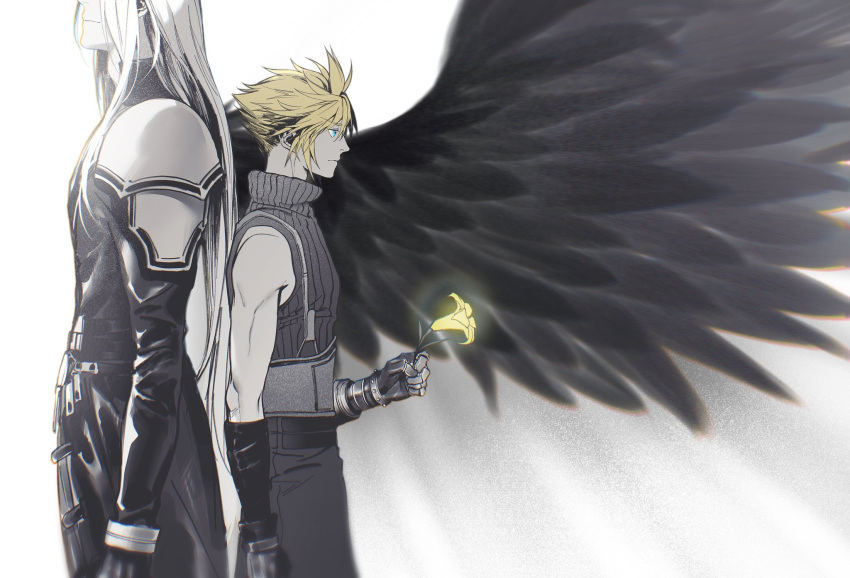 2boys aqua_eyes armor back-to-back bangs bare_shoulders belt black_gloves black_jacket black_wings blonde_hair cloud_strife cowboy_shot feathered_wings final_fantasy final_fantasy_vii final_fantasy_vii_remake flower gloves grey_hair grey_pants grey_shirt hair_between_eyes head_out_of_frame high_collar highres holding holding_flower jacket long_bangs long_hair long_jacket long_sleeves looking_to_the_side male_focus multiple_belts multiple_boys pants parted_bangs sephiroth shirt short_hair shoulder_armor single_wing sleeveless sleeveless_turtleneck spiky_hair spot_color suspenders turtleneck white_background wings xianyu314 yellow_flower