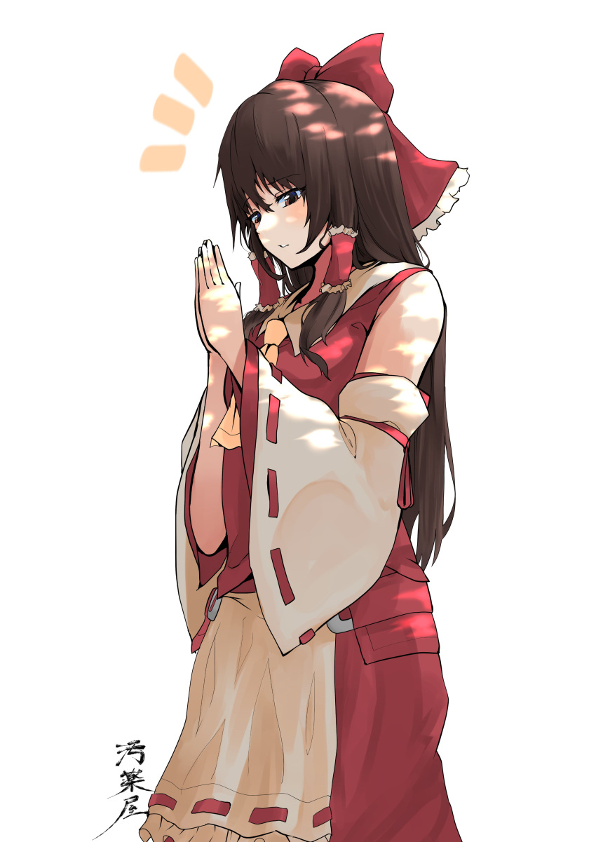 1girl absurdres ascot bow brown_eyes brown_hair detached_sleeves frilled_bow frills hair_bow hair_tubes hakurei_reimu highres long_hair nontraditional_miko own_hands_together red_bow ribbon-trimmed_sleeves ribbon_trim solo touhou wide_sleeves yagoro_kusuriya