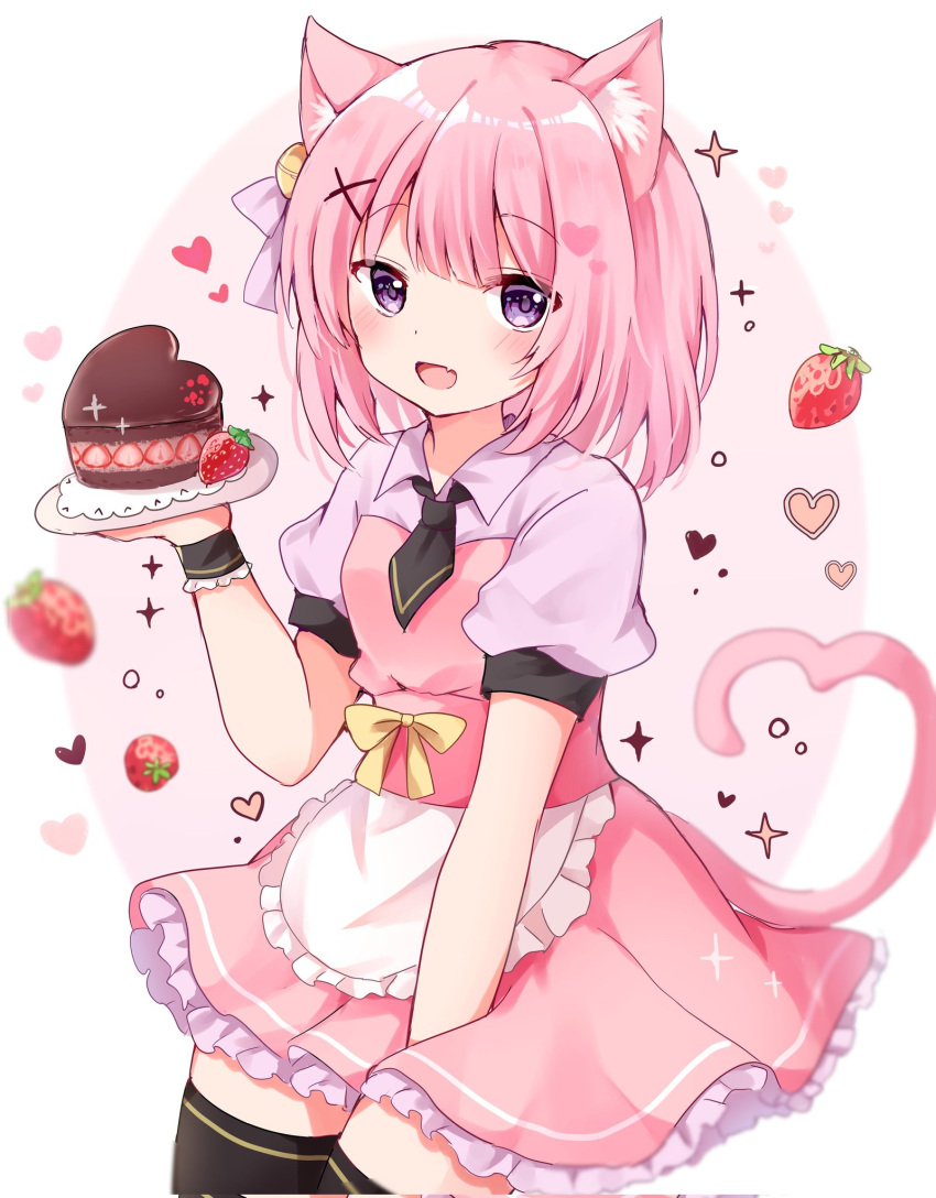 1girl :d animal_ear_fluff animal_ears between_legs black_thighhighs cake cat_ears cat_girl cat_tail chocolate_cake commission dress fang food frilled_dress frills fruit hand_between_legs heart-shaped_cake highres holding holding_plate kokoshira_0510 looking_at_viewer original pink_hair plate puffy_short_sleeves puffy_sleeves short_hair short_sleeves skeb_commission skin_fang smile strawberry strawberry_shortcake tail thigh-highs violet_eyes