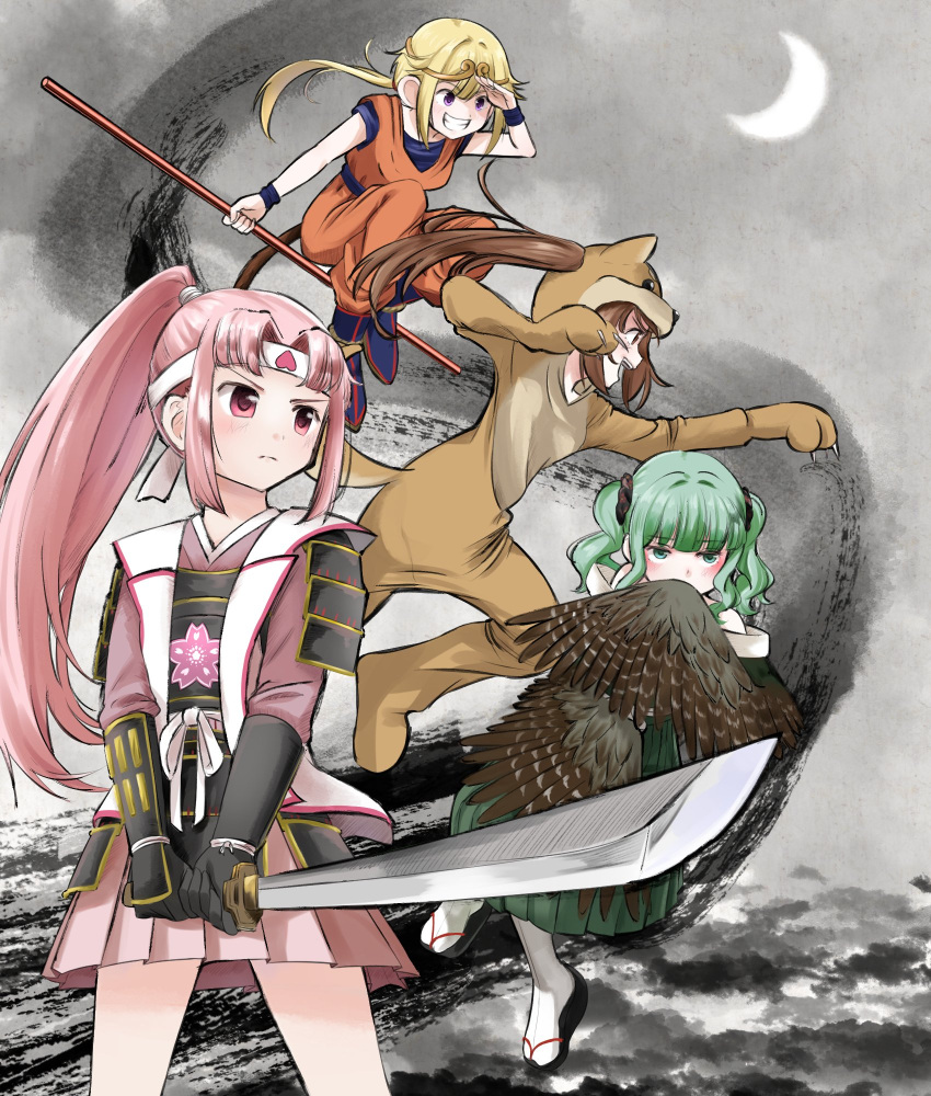 4girls alternate_costume armor bangs black_gloves blonde_hair blunt_bangs blush brown_eyes brown_hair closed_mouth clothing_request cosplay covering_mouth cowboy_shot crescent crown faux_traditional_media fighting_stance floating futaba_sana geta gloves green_eyes green_hair grey_background hair_intakes harpy headband highres holding holding_pole holding_sword holding_weapon japanese_armor kigurumi long_hair long_skirt looking_ahead magia_record:_mahou_shoujo_madoka_magica_gaiden mahou_shoujo_madoka_magica medium_hair miniskirt mitsuki_felicia momotarou momotarou_(character) momotarou_(character)_(cosplay) monster_girl monznyan multiple_girls pink_eyes pink_hair pink_skirt pleated_skirt pole ponytail ready_to_draw side_ponytail sidelocks sitting skirt socks sword tabi tamaki_iroha twintails vest violet_eyes wavy_hair weapon white_socks white_vest yui_tsuruno
