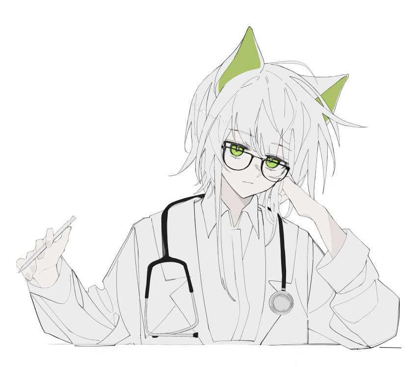 1girl absurdres alternate_costume animal_ears arknights bespectacled bright_pupils cat_ears cat_girl collared_shirt glasses green_eyes head_rest highres holding holding_pen kal'tsit_(arknights) lihuashuangxiang long_sleeves looking_at_viewer pen shirt short_hair simple_background solo upper_body white_background white_pupils white_shirt