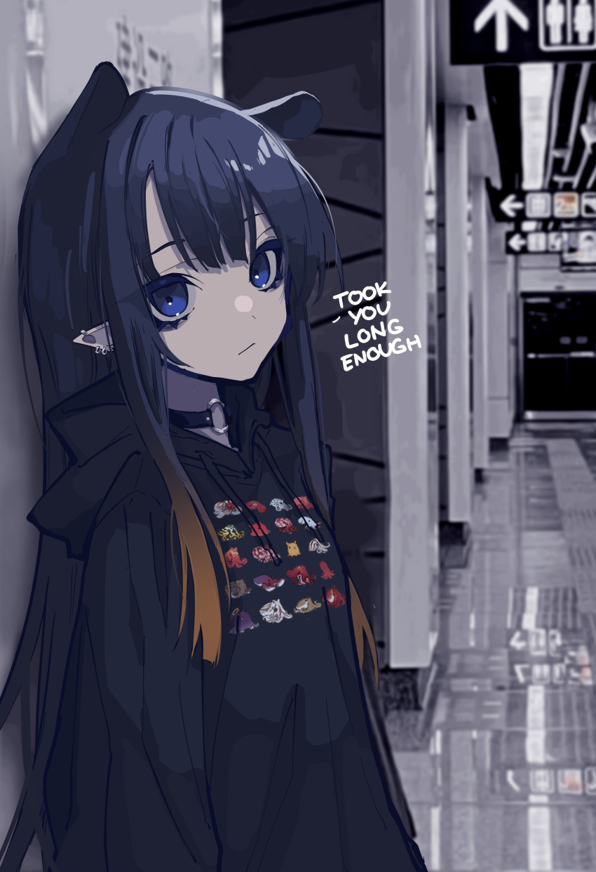 1girl absurdres bags_under_eyes black_hair blue_eyes casual choker earrings english_text highres hololive hololive_english hood hoodie jewelry long_hair looking_at_viewer mentally_deficient ninomae_ina'nis photo_background pointy_ears solo virtual_youtuber