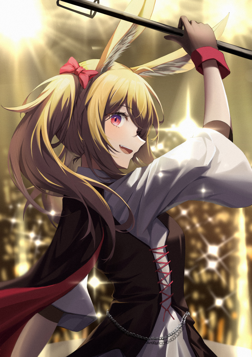 1girl :d absurdres animal_ears arknights black_cape black_gloves bow cape elite_ii_(arknights) from_side gaoqiaoyuyin_takahashi gloves hair_bow hand_up highres holding holding_microphone_stand lights long_hair looking_at_viewer microphone_stand open_mouth rabbit_ears red_bow red_eyes shirt short_sleeves sideways_mouth smile solo sora_(arknights) twintails upper_body white_shirt