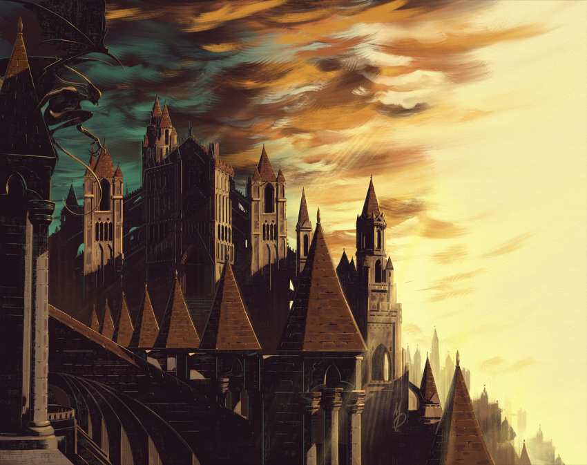 anor_londo batwing_demon castle clouds cloudy_sky creature dark_souls_(series) dark_souls_i demon highres max58art no_humans outdoors scenery sky yellow_sky