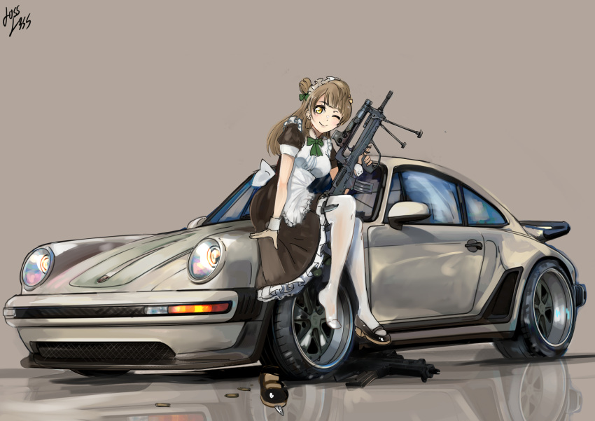 1girl alternate_costume apron assault_rifle bipod black_dress black_footwear breasts brown_eyes brown_hair bullpup car dress enmaided famas grey_hair ground_vehicle gun highres holding holding_weapon knife light_brown_hair long_hair looking_at_viewer losslessarts love_live! love_live!_school_idol_project maid maid_apron mary_janes medium_breasts minami_kotori motor_vehicle one_eye_closed pantyhose porsche reflection rifle shell_casing shoe_removed shoes sitting_on_car skirt smile spoiler_(automobile) thigh_strap thighs trigger_discipline weapon