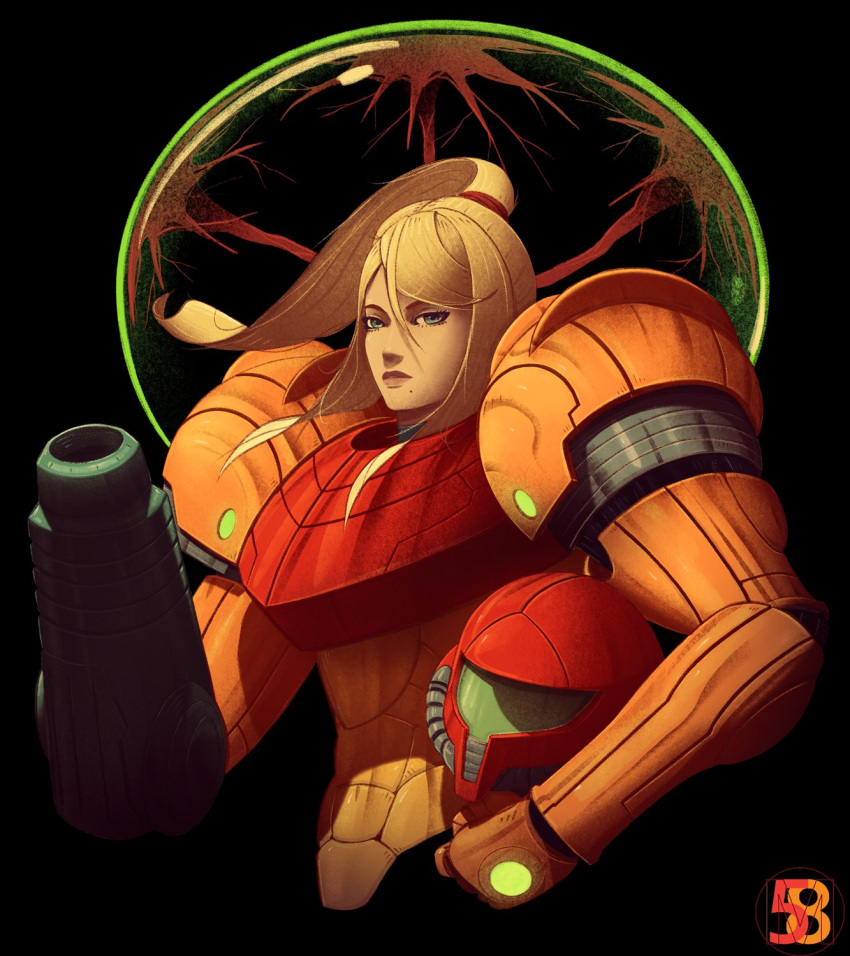 1girl arm_cannon armor blonde_hair blue_eyes closed_mouth helmet highres holding holding_helmet long_hair looking_at_viewer max58art metroid mole mole_under_mouth pauldrons ponytail samus_aran shoulder_armor solo weapon