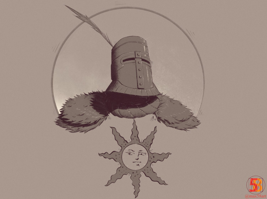 1boy brown_theme cape dark_souls_(series) dark_souls_i fur_cape glint helmet max58art monochrome plume portrait solaire_of_astora solo tabard