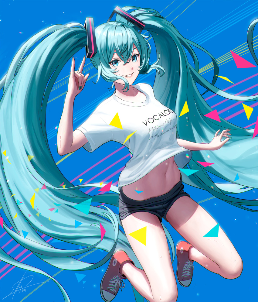 1girl \m/ absurdly_long_hair anniversary aqua_hair aqua_nails arm_at_side bare_legs black_shorts blue_eyes blue_sky breasts character_name clear_sky clothes_lift clothes_writing copyright_name day diffraction_spikes dolphin_shorts feet_up fingernails full_body hair_between_eyes hand_up hatsune_miku highres jumping legs_apart light_particles long_hair looking_at_viewer navel outdoors red_footwear sakuraba_hiro shade sharp_fingernails shirt shirt_lift shoes short_sleeves shorts sidelighting sky small_breasts smile sneakers solo stomach sunlight sweat t-shirt triangle tsurime twintails very_long_hair vocaloid white_shirt wind wind_lift