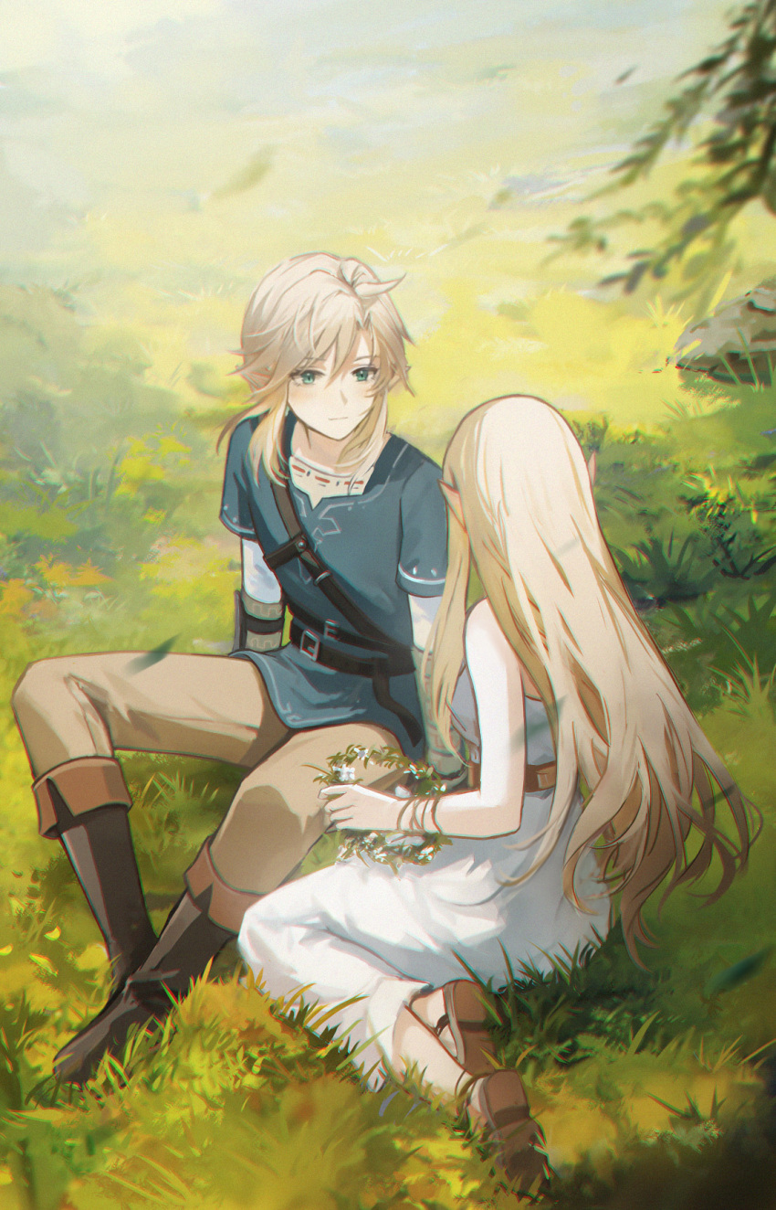 1boy 1girl bangs blonde_hair blue_eyes blue_tunic boots breasts brown_footwear closed_mouth day dress grass hair_between_eyes hetero highres holding leaf link long_hair mada_(shizhou) outdoors pants pointy_ears princess_zelda rock sandals sitting sleeveless sleeveless_dress the_legend_of_zelda the_legend_of_zelda:_breath_of_the_wild tunic very_long_hair white_dress
