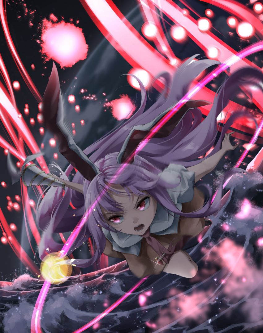 1girl absurdres alternate_eye_color animal_ears arms_up bangs black_sky breasts brown_skirt carrot_pin collared_shirt danmaku earth_(planet) flying grey_shirt gun hands_up highres holding holding_weapon legacy_of_lunatic_kingdom long_hair looking_to_the_side lunatic_gun medium_breasts necktie night night_sky ocean open_mouth otomeza_ryuseigun parted_bangs pink_eyes planet puffy_short_sleeves puffy_sleeves purple_hair rabbit_ears red_necktie reisen_udongein_inaba shirt short_sleeves sidelocks skirt sky solo space sparkle spell_card teeth tongue touhou v-shaped_eyebrows water weapon