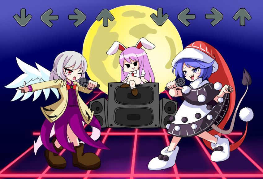 3girls arrow_(symbol) black_dress blue_eyes blue_hair blush brown_footwear collared_shirt commentary_request doremy_sweet dress feathered_wings friday_night_funkin' full_body full_moon grey_hair hat highres holding holding_microphone jacket kishin_sagume loafers long_hair long_sleeves looking_at_another microphone moon multiple_girls necktie nightcap one_eye_closed open_clothes open_jacket open_mouth parody purple_dress rabbit_girl red_eyes red_headwear red_necktie reisen_udongein_inaba shirt shoes short_hair short_sleeves single_wing smile speaker tail tapir_tail touhou two-tone_dress white_dress white_shirt white_wings wings yellow_jacket zenji029