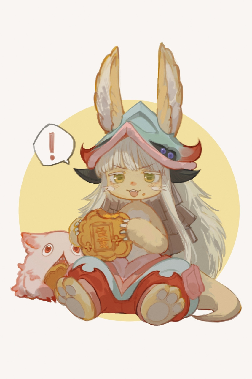 ! 1other :3 androgynous animal_ears bangs body_fur brown_fur chinese_commentary colored_eyelashes commentary_request eating fangs food food_on_face full_body furry green_eyes grey_hair helmet highres holding holding_food horizontal_pupils made_in_abyss mitty_(made_in_abyss) miumiuouo mooncake multicolored_pants nanachi_(made_in_abyss) open_mouth pants pelt pouch rabbit_ears short_hair_with_long_locks sitting spoken_exclamation_mark tail two-tone_background whiskers white_background yellow_background