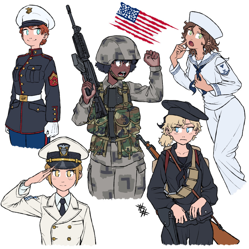 5girls absurdres america american_flag assault_rifle bandolier black_hair blonde_hair brown_hair dark-skinned_female dark_skin gun hat helmet highres holster load_bearing_equipment military military_helmet military_uniform multiple_girls naval_uniform original ostwindprojekt peaked_cap redhead rifle salute simple_background uniform united_states_army united_states_marine_corps united_states_navy weapon weapon_request