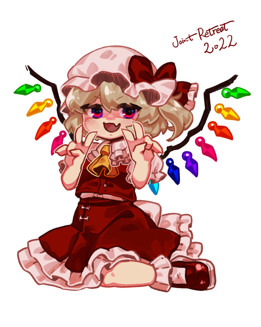 1girl 2022 :d absurdres ascot blonde_hair bobby_socks chibi double_v fang flandre_scarlet frilled_shirt_collar frilled_skirt frilled_sleeves frills hat highres looking_at_viewer medium_hair mob_cap multicolored_wings open_mouth puffy_short_sleeves puffy_sleeves red_eyes red_footwear red_skirt red_vest shirt short_sleeves side_ponytail simple_background skin_fang skirt skirt_set smile socks solo touhou v vest white_background white_headwear white_shirt white_socks wings yatsuga_(kouahey_dierci) yellow_ascot