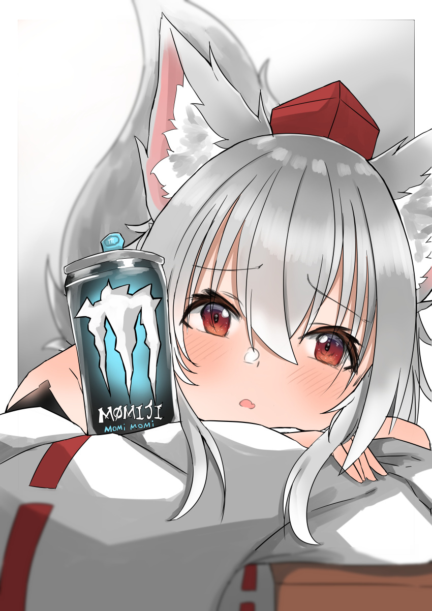 1girl absurdres animal_ear_fluff animal_ears bangs blush can commentary_request detached_sleeves grey_hair hair_between_eyes hat highres inubashiri_momiji looking_at_viewer monster_energy open_mouth red_eyes red_headwear regua ribbon-trimmed_sleeves ribbon_trim short_hair soda_can solo tail tokin_hat touhou upper_body white_sleeves wolf_ears wolf_girl wolf_tail