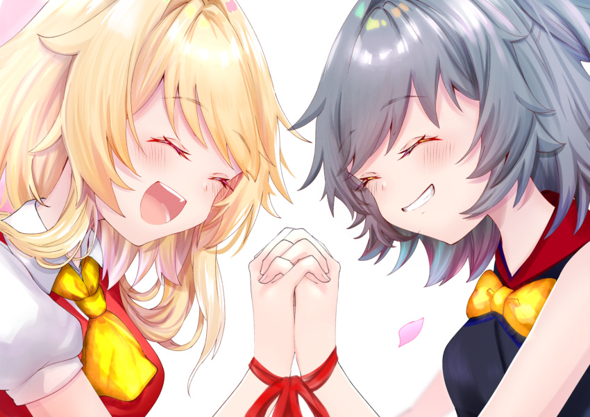 2girls ^_^ ascot blonde_hair blue_shirt breasts character_request closed_eyes facing_another flandre_scarlet grey_hair happy highres holding_hands interlocked_fingers medium_breasts medium_hair multiple_girls open_mouth puffy_short_sleeves puffy_sleeves sakuramiya_nya shirt short_sleeves sleeveless sleeveless_shirt teeth touhou upper_body white_shirt yellow_ascot