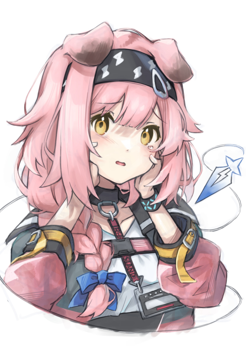 1girl absurdres animal_ears arknights black_bracelet black_hairband black_jacket blue_bow blush bow braid cat_ears cat_girl floppy_ears goldenglow_(arknights) hair_bow hair_ornament hairband hairclip hands_on_own_face highres id_card infection_monitor_(arknights) jacket lanyard lightning_bolt_print long_hair looking_at_viewer multicolored_clothes multicolored_jacket open_clothes open_jacket open_mouth pink_hair pink_jacket print_hairband semi_colon shirt simple_background solo two-tone_jacket upper_body white_background white_shirt yellow_eyes