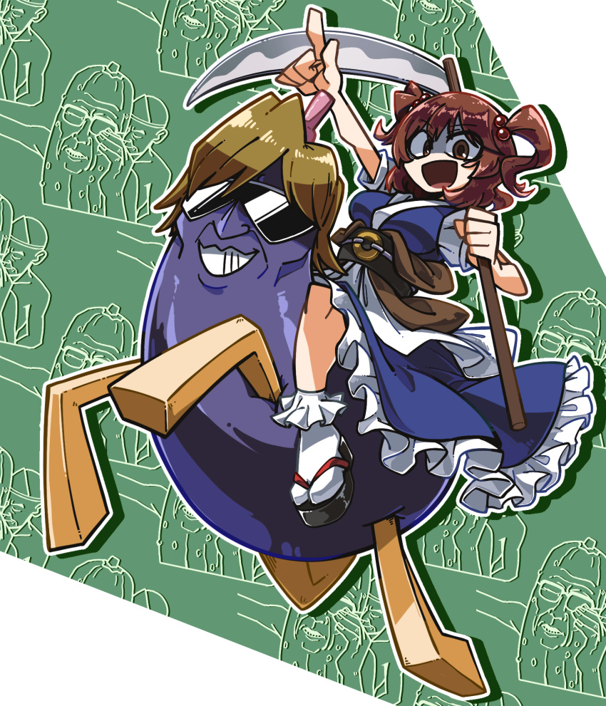 1girl 2boys 77-sai_no_koumon_morokan_no_oyaji :d amerika_zarigani bangs black_sash blue_kimono breasts brown_hair brown_sash coin coin_on_string commentary_request cookie_(touhou) cucumber eggplant full_body hair_bobbles hair_ornament highres holding holding_scythe holed_coin japanese_clothes kimono looking_at_viewer manatsu_no_yo_no_inmu medium_breasts multiple_boys obi obon onozuka_komachi open_mouth pointing pointing_up puffy_short_sleeves puffy_sleeves red_eyes sash scythe shaded_face shishou_(cookie) short_hair short_sleeves shouryouuma smile socks sunglasses tabi takuya_(acceed) touhou two_side_up white_socks zouri