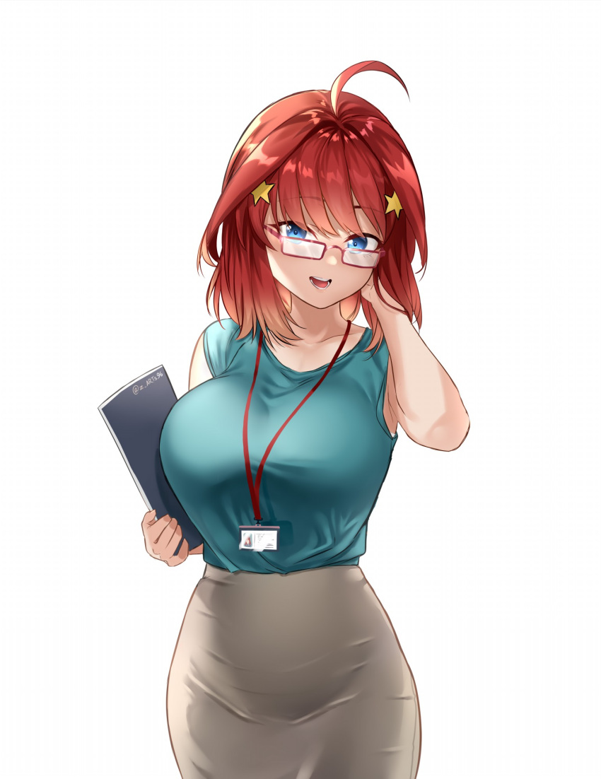 1girl :d ahoge bare_arms blue_eyes blue_shirt breasts collarbone glasses go-toubun_no_hanayome grey_skirt hair_intakes hair_ornament hand_in_own_hair highres holding large_breasts long_hair looking_at_viewer looking_over_eyewear nakano_itsuki open_mouth pencil_skirt rectangular_eyewear red-framed_eyewear redhead shiny shiny_hair shirt simple_background skirt sleeveless sleeveless_shirt smile solo standing star_(symbol) star_hair_ornament white_background zasshu