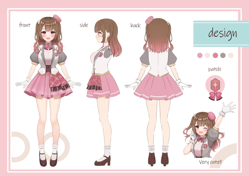 1girl :d ;d absurdres arm_up bangs blush bobby_socks breasts brown_footwear brown_hair closed_mouth collared_shirt dress_shirt english_text gloves hanasaki_aika hat high_heels highres indie_virtual_youtuber jacket long_hair looking_at_viewer medium_breasts mini_hat multiple_views one_eye_closed one_side_up open_clothes open_jacket pink_background pink_headwear pink_skirt pleated_skirt profile puffy_short_sleeves puffy_sleeves red_eyes reference_sheet shirt shoes short_sleeves skirt smile socks standing tilted_headwear two-tone_background virtual_youtuber white_background white_gloves white_jacket white_shirt white_socks yukiunag1
