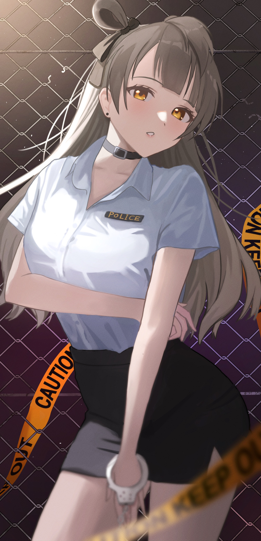 1girl absurdres black_bow black_choker black_skirt bow caution_tape choker collared_shirt cowboy_shot cuffs earrings fence hair_bow handcuffs highres horai_sennkyo jewelry keep_out light_brown_hair long_hair looking_at_viewer love_live! love_live!_school_idol_project minami_kotori one_side_up parted_lips pencil_skirt shirt short_sleeves skirt solo stud_earrings white_shirt yellow_eyes