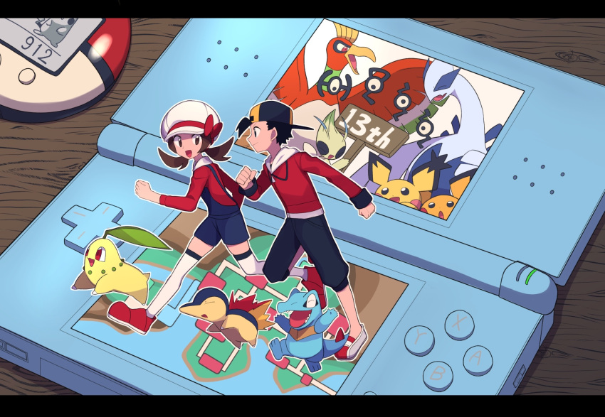 1boy 1girl backwards_hat baseball_cap black_hair black_headwear black_pants blue_overalls bow brown_eyes brown_hair cabbie_hat celebi chikorita clenched_hands closed_mouth commentary_request cyndaquil ethan_(pokemon) handheld_game_console hat hat_bow highres ho-oh jacket long_hair long_sleeves lugia lyra_(pokemon) nintendo_ds outline overalls pants pichu pikachu pokemon pokemon_(creature) pokemon_(game) pokemon_hgss pokewalker red_bow red_footwear red_jacket red_shirt shirt shoes short_hair thigh-highs totodile twintails tyako_089 unown white_headwear