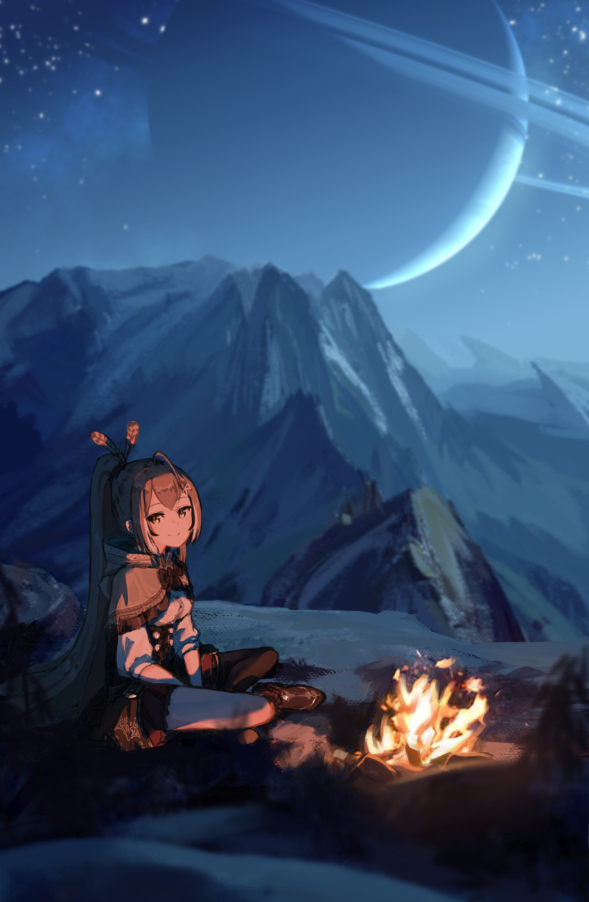 1girl ahoge boots brown_eyes brown_hair campfire capelet corset crescent_moon feather_hair_ornament feathers hair_ornament highres hololive hololive_english indian_style long_hair looking_at_viewer moon mountain nanashi_mumei night ponytail sitting skirt smile solo virtual_youtuber waneyeye