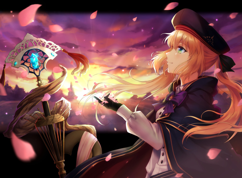 absurdres artoria_caster_(fate) artoria_caster_(second_ascension)_(fate) artoria_pendragon_(fate) belt beret black_bow black_gloves blonde_hair blue_belt blue_cloak blue_headwear blush bow buttons cloak closed_mouth clouds cloudy_sky evening fate/grand_order fate_(series) flower gem gloves gold_trim green_eyes green_gemstone hair_between_eyes hat highres long_hair long_sleeves multicolored_cloak ornament petals pink_flower pink_ribbon purple_bow red_ribbon ribbon shadow shirt shuugetsu_rao skirt sky smile sun sunlight sunset twintails white_shirt white_skirt