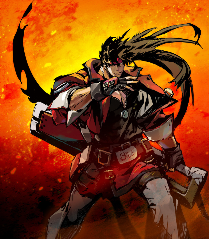 1boy abstract_background arm_up belt brown_eyes brown_gloves brown_hair clenched_hand closed_mouth coat collarbone commentary cover cowboy_shot english_text expressionless fingerless_gloves fire floating_hair forehead_protector gloves guilty_gear guilty_gear_strive headband highres holding holding_sword holding_weapon ishiwatari_daisuke jacket long_hair long_sleeves looking_afar looking_away looking_up male_focus multicolored_background muscular muscular_male official_art open_clothes orange_background orange_theme pants pectoral_cleavage pectorals ponytail red_background red_headband red_jacket red_theme sol_badguy solo standing sword video_game_cover weapon zipper