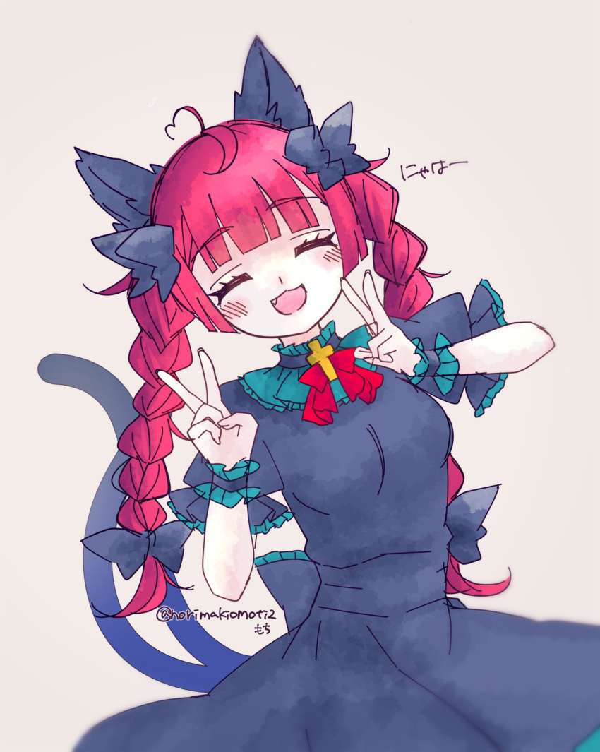 1girl :3 :d animal_ears bangs black_bow blunt_bangs bow braid cat_ears cat_tail closed_eyes double_v dress fang hair_bow happy highres kaenbyou_rin multiple_tails nekomata norimakiomoti2 redhead smile solo tail touhou twin_braids twitter_username two_tails v
