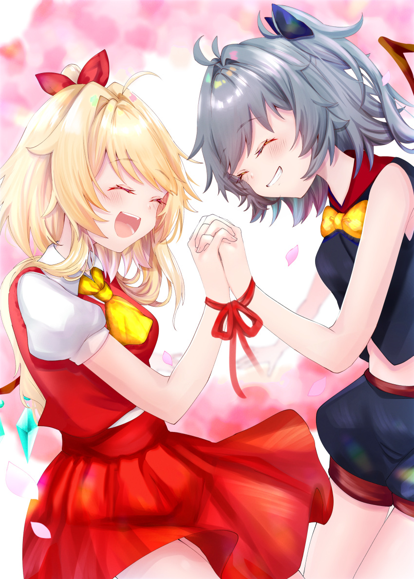 2girls ^_^ absurdres ahoge ascot blonde_hair blue_shirt blue_shorts blush bow bowtie breasts character_request closed_eyes cowboy_shot facing_another flandre_scarlet grey_hair happy highres holding_hands interlocked_fingers medium_breasts medium_hair multicolored_wings multiple_girls no_headwear open_mouth petals pink_background puffy_short_sleeves puffy_shorts puffy_sleeves red_ribbon red_skirt red_vest ribbon sakuramiya_nya shiny shiny_hair shirt short_sleeves shorts simple_background skirt skirt_set sleeveless sleeveless_shirt teeth touhou vest white_shirt wings yellow_ascot yellow_bow yellow_bowtie