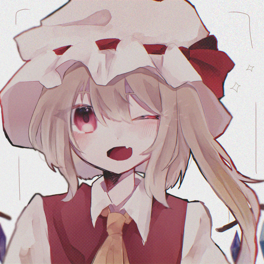 1girl ;d ascot blonde_hair fang flandre_scarlet hat hat_ribbon highres kongou_ahiru looking_at_viewer medium_hair mob_cap multicolored_wings one_eye_closed red_eyes red_ribbon red_vest ribbon ribbon-trimmed_headwear ribbon_trim shirt side_ponytail simple_background skin_fang smile solo touhou upper_body vest white_background white_headwear white_shirt wings yellow_ascot