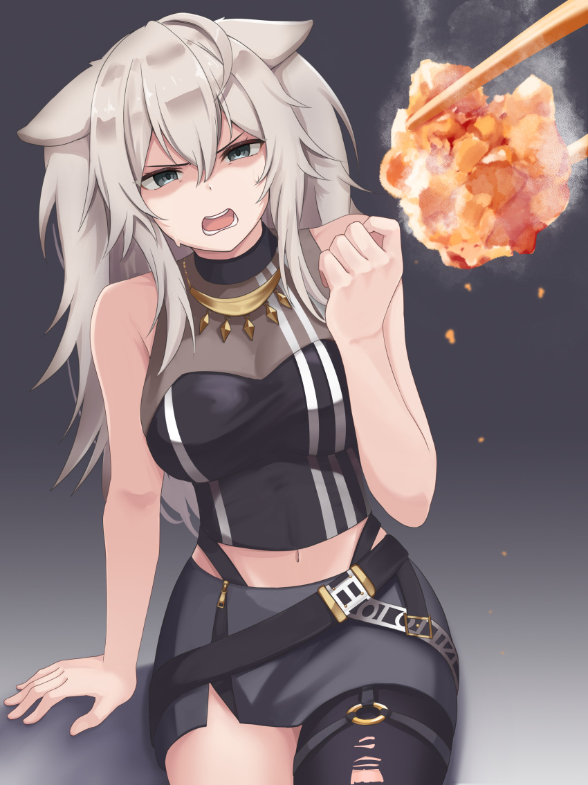 1girl absurdres ahoge animal_ears black_background black_eyes black_pantyhose black_shirt black_skirt breasts chopsticks clenched_hand commentary cowboy_shot cropped_shirt ears_down fried_chicken glaring gradient gradient_background grey_hair hair_between_eyes highres hololive jewelry karaage lion_ears lion_girl long_hair medium_breasts micon midriff miniskirt navel necklace o-ring open_mouth pantyhose scowl shaded_face shirt shishiro_botan simple_background single_leg_pantyhose sitting skirt sleeveless sleeveless_shirt solo steam striped striped_shirt sweatdrop thigh_strap torn_clothes torn_legwear vertical-striped_shirt vertical_stripes virtual_youtuber zipper_skirt