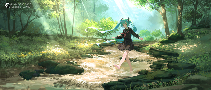 1girl absurdres alternate_costume aqua_hair artist_name barefoot black_sailor_collar black_serafuku black_shirt black_skirt childwolf chinese_commentary closed_eyes closed_mouth commentary_request forest grass hatsune_miku highres long_hair nature neckerchief outdoors pixiv_id red_neckerchief rock sailor_collar scenery school_uniform serafuku shirt skirt smile solo tree twintails very_long_hair vocaloid wading water watermark