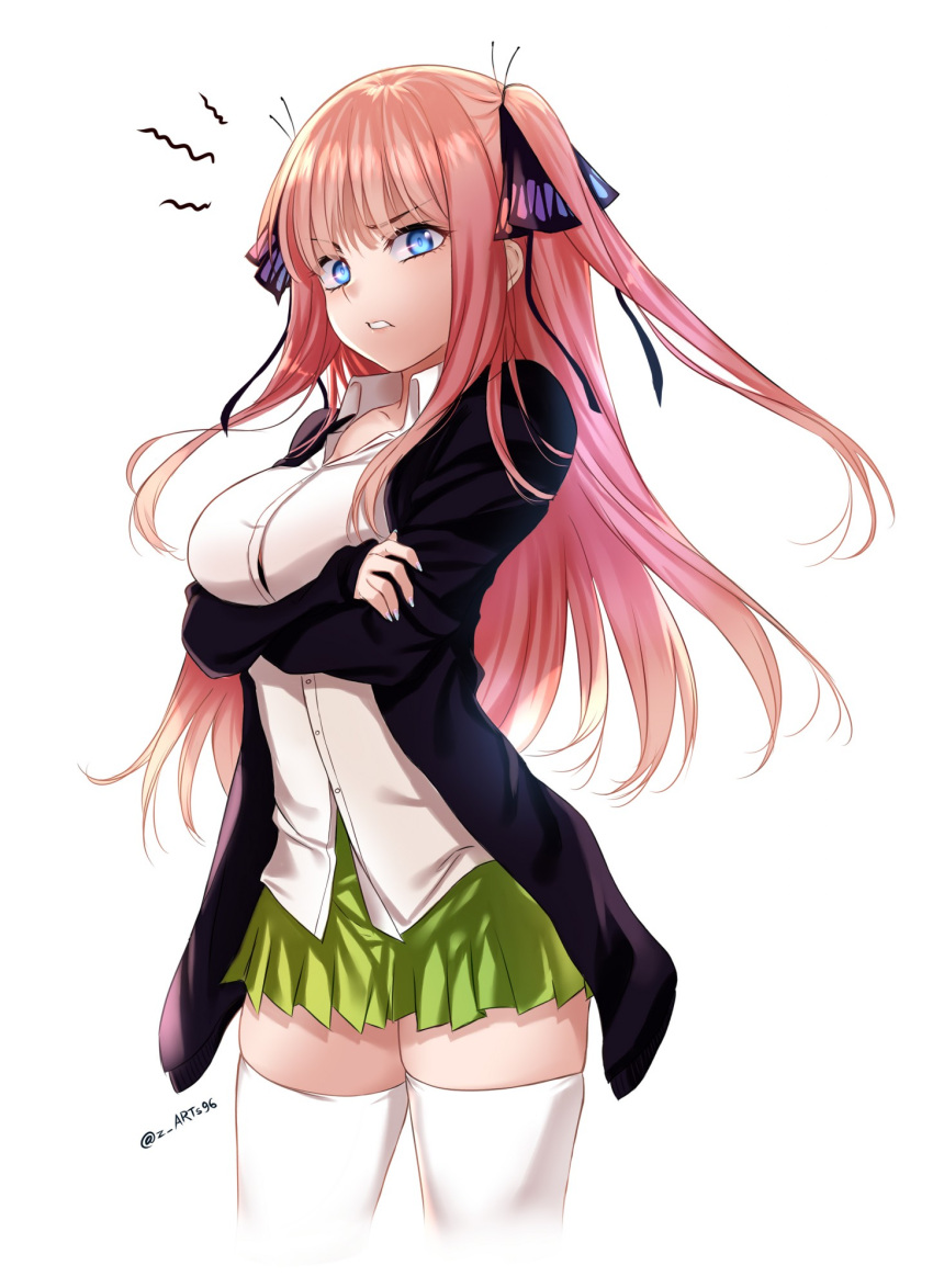1girl black_bow black_cardigan black_ribbon blue_eyes bow breast_hold breasts cardigan collarbone collared_shirt cropped_legs crossed_arms dress_shirt floating_hair go-toubun_no_hanayome green_skirt hair_bow hair_ribbon highres long_hair long_sleeves looking_at_viewer medium_breasts miniskirt nakano_nino open_cardigan open_clothes parted_lips pink_hair pleated_skirt ribbon school_uniform shiny shiny_hair shirt simple_background skindentation skirt solo standing thigh-highs twintails twitter_username very_long_hair white_background white_shirt white_thighhighs wing_collar zasshu zettai_ryouiki