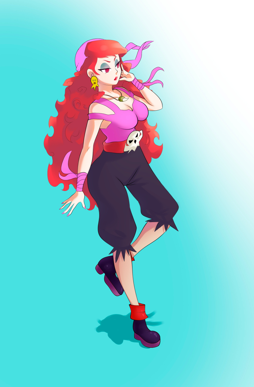 1girl absurdres blue_eyeshadow boots captain_syrup collar curly_hair earrings eyeshadow full_body highres jewelry lipstick makeup pink_nails red_eyes red_lips redhead solo wario_land wavy_hair