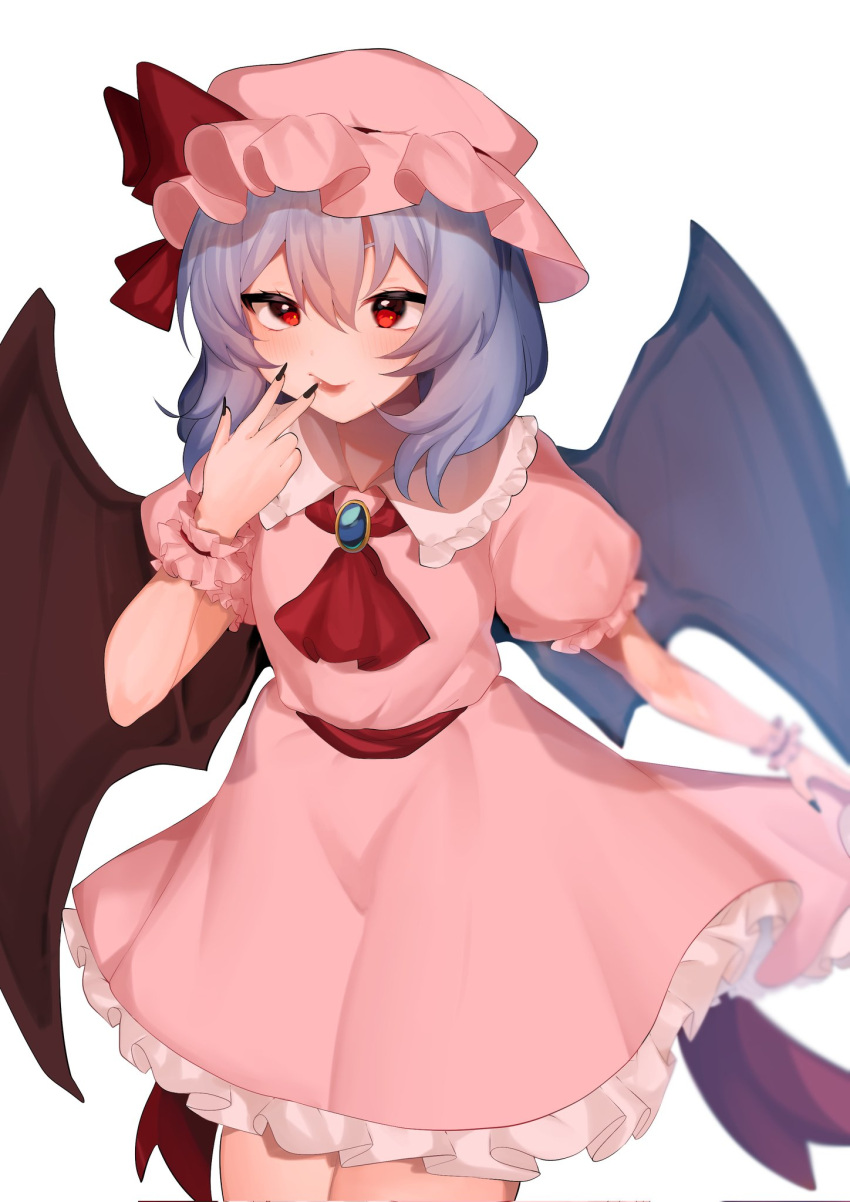 1girl ascot bat_wings black_nails blurry brooch depth_of_field dress hat highres jewelry licking licking_finger looking_at_viewer majime_joe mob_cap nail_polish pink_dress red_eyes remilia_scarlet solo touhou wings
