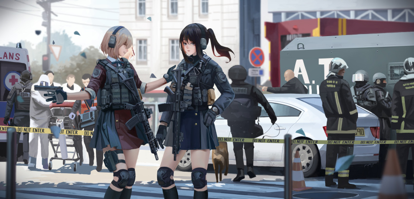 2girls ambulance assault_rifle bangs black_gloves black_hair black_socks blonde_hair dog eotech firefighter glock gloves gun handgun headset highres holding holding_weapon holster inoue_takina knee_pads kneehighs long_hair looking_at_another looking_at_viewer lycoris_recoil lycoris_uniform m4_carbine magazine_(weapon) multiple_girls nishikigi_chisato outdoors plate_carrier ponytail pouch rifle road_sign school_uniform scope short_hair sidelocks sign smile socks swat tactical_clothes thigh_holster ttt_(5274293) vest weapon