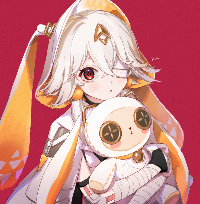 1girl animal_ears bandaged_arm bandages character_name eyepatch grey_hair hair_between_eyes hair_ornament highres holding holding_stuffed_toy hood hood_up looking_at_viewer one_eye_covered parted_lips poponpo294111 rabbit_ears red_background red_eyes ruby_(tower_of_fantasy) short_hair_with_long_locks simple_background solo stuffed_animal stuffed_bunny stuffed_toy tower_of_fantasy
