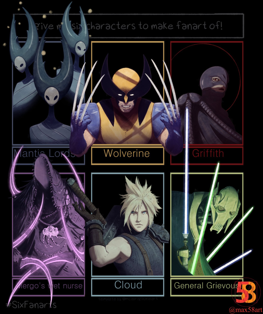 4boys 4others android armor berserk black_border blonde_hair bloodborne blue_eyes blue_gloves border brown_gloves character_name clenched_teeth closed_mouth cloud_strife count_dooku dagger energy_sword english_text facial_hair femto_(berserk) final_fantasy final_fantasy_vii gloves griffith_(berserk) hand_up helmet highres holding holding_dagger holding_lightsaber holding_weapon hollow_eyes hollow_knight hood hood_up horns knife lightsaber lipstick looking_at_viewer makeup male_focus mantis_lord_(hollow_knight) marvel mask max58art mergo's_wet_nurse multiple_boys multiple_others no_humans pauldrons purple_theme red_eyes shoulder_armor single_pauldron six_fanarts_challenge solo spiked_horns spiky_hair star_wars stubble sword teeth upper_body weapon wings wolverine x-men
