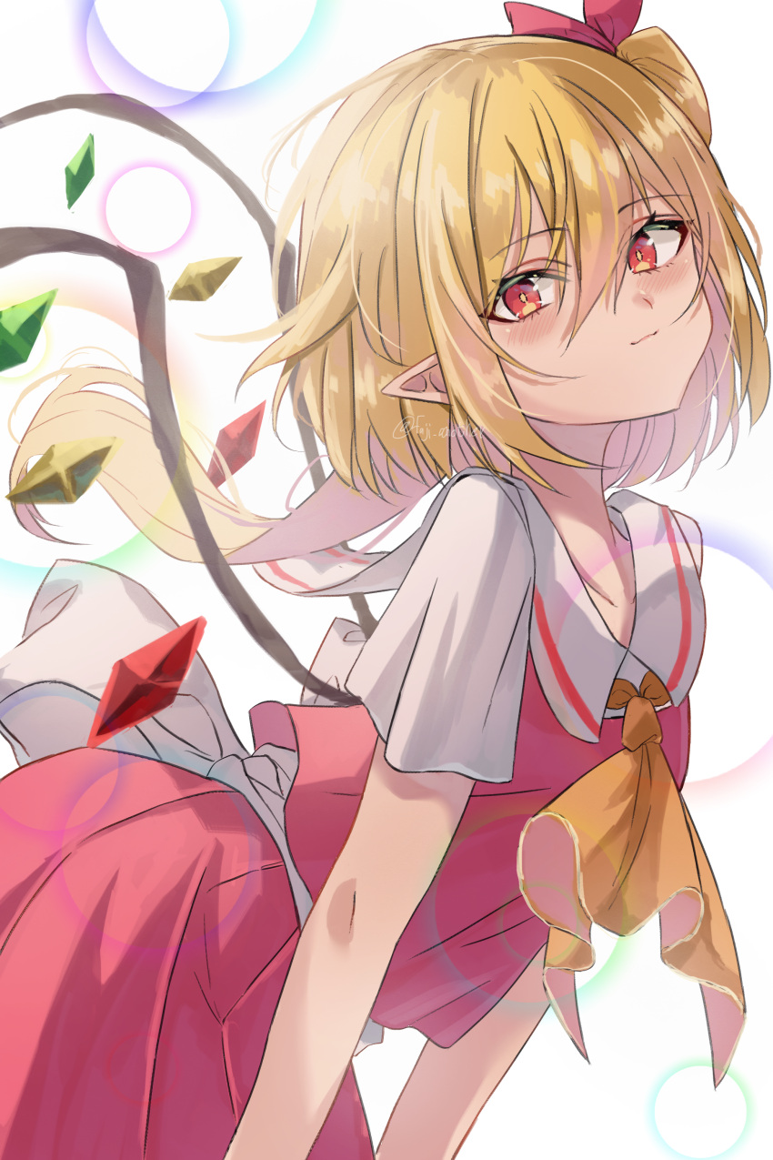 1girl absurdres adapted_costume ascot back_bow blonde_hair bow closed_mouth collarbone collared_shirt flandre_scarlet from_side hair_between_eyes highres katsukare leaning_forward light_smile long_hair looking_at_viewer looking_to_the_side multicolored_wings no_headwear pointy_ears red_eyes red_skirt red_vest sailor_collar shiny shiny_hair shirt short_sleeves simple_background skirt skirt_set solo touhou vest white_background white_bow white_sailor_collar white_shirt wings yellow_ascot