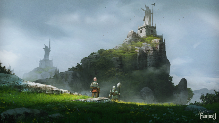 2others ambiguous_gender architecture armor clouds cloudy_sky day fantasy helm helmet highres holding holding_staff making-of_available medieval mountain multiple_others nature original outdoors pink_hair scenery short_hair sky sonech staff standing statue
