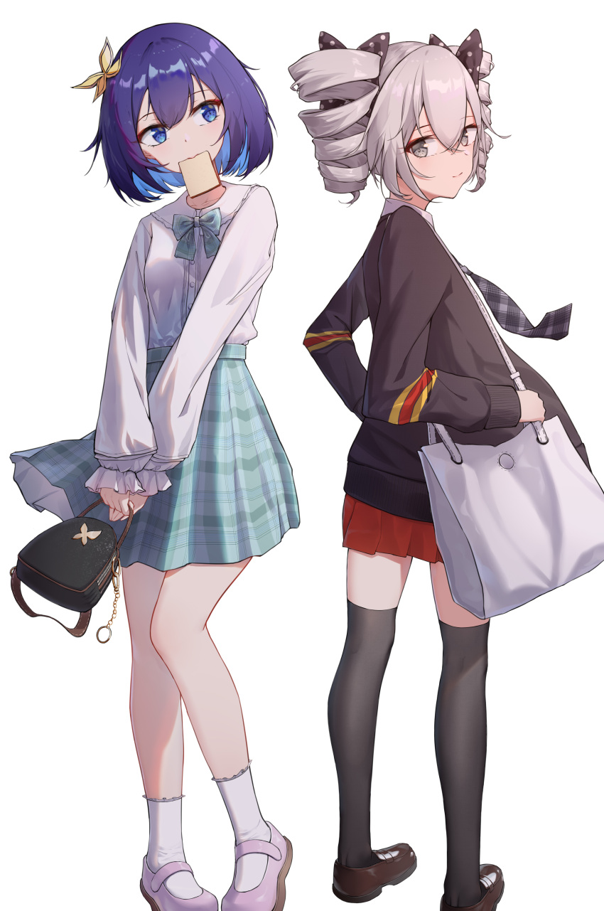 2girls absurdres bag bangs blue_eyes blue_hair bow bowtie bronya_zaychik bronya_zaychik_(wolf's_dawn) brown_footwear casual commentary_request crossed_bangs drill_hair food food_in_mouth frilled_sleeves frills grey_eyes grey_hair hair_bow hair_ornament handbag highres honkai_(series) honkai_impact_3rd jacket kuo_(kuo114514) loafers long_hair long_sleeves looking_at_another messenger_bag miniskirt mouth_hold multicolored_hair multiple_girls pleated_skirt polka_dot polka_dot_bow red_skirt seele_vollerei shirt shoes shoulder_bag simple_background skirt smile socks standing thigh-highs toast toast_in_mouth twin_drills two-tone_hair white_background white_footwear white_shirt